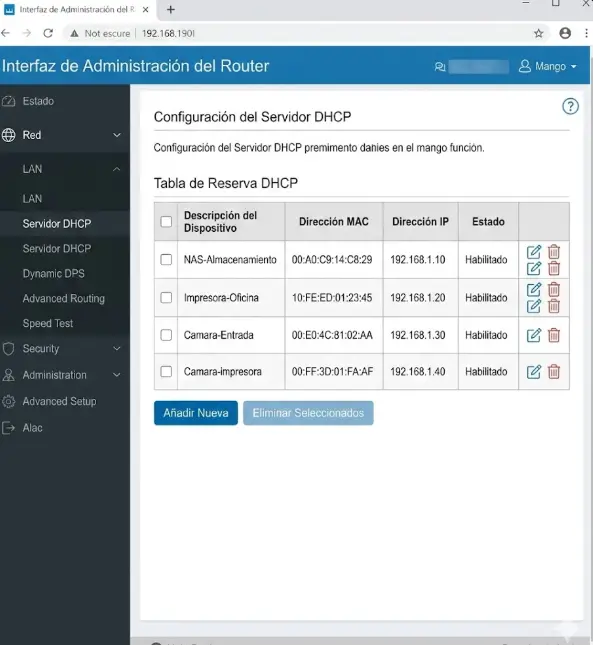 Captura de pantalla de la interfaz de administración de un router mostrando la tabla de reserva DHCP donde se vinculan direcciones MAC con direcciones IP fijas