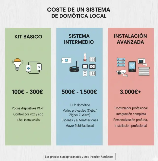 Gráfico visual comparando el coste de un kit básico, un sistema intermedio y una instalación avanzada de domótica local