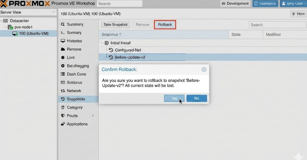 nterfaz de Proxmox VE en la pestaña Snapshots mostrando el listado de copias y el botón de Rollback seleccionado para restaurar el sistema.