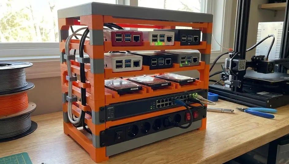 Ejemplo de mini rack domótico con módulos impresos en 3D para Raspberry Pi y discos duros