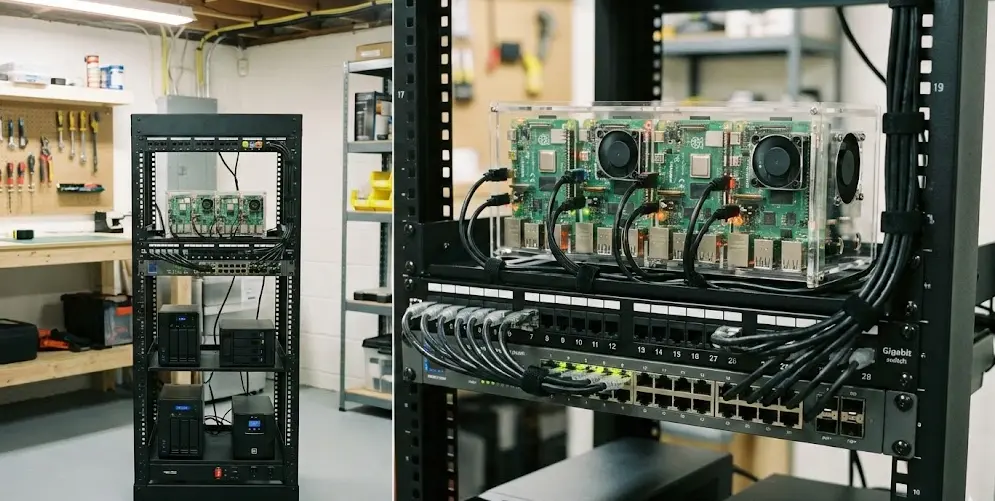 Rack doméstico terminado con Raspberry Pi y switch funcionando