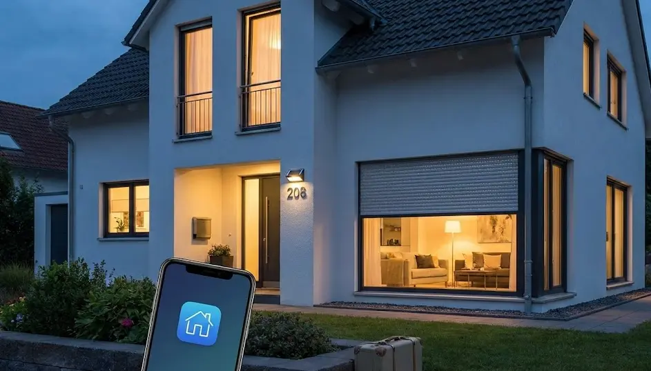 Casa moderna iluminada al atardecer con persianas automáticas a media altura y un móvil en primer plano con app de domótica, simulando presencia humana para evitar robos durante las vacaciones.