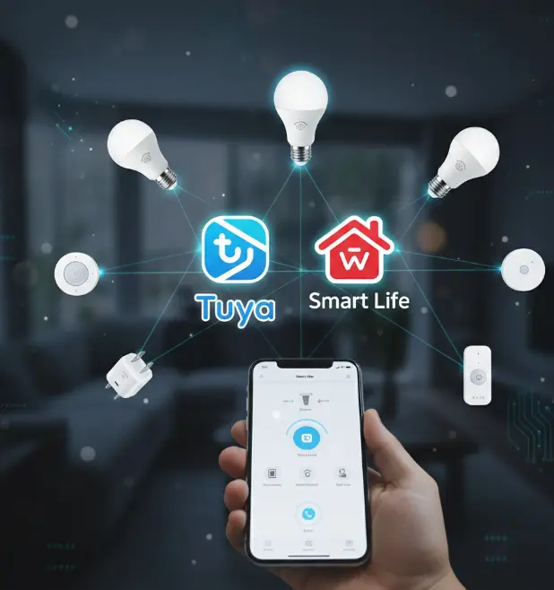 Composición visual que muestra los logotipos de Tuya y Smart Life rodeados de dispositivos domóticos económicos como bombillas, enchufes y sensores conectados a un smartphone