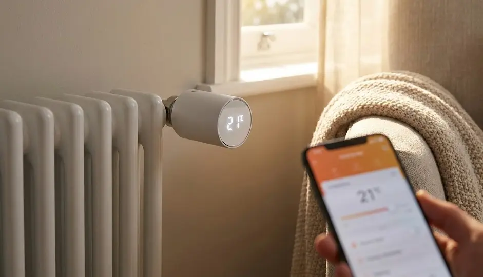 Primer plano de una válvula termostática inteligente Tado V3+ blanca con pantalla LED que muestra 21.5°C, instalada en un radiador vertical de diseño moderno color antracita en un salón de estilo industrial con paredes de hormigón.