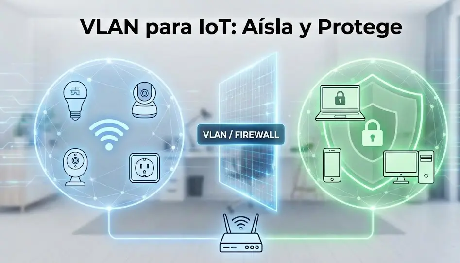 Diagrama de red mostrando cómo una VLAN aísla bombillas y cámaras IoT de ordenadores personales para mejorar la seguridad.