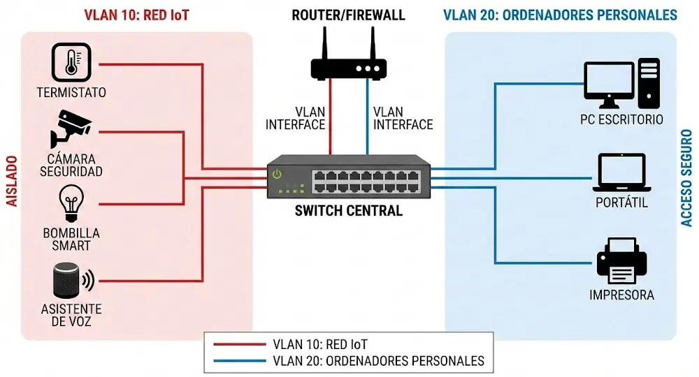Diagrama explicativo de una red VLAN separando dispositivos IoT de ordenadores personales