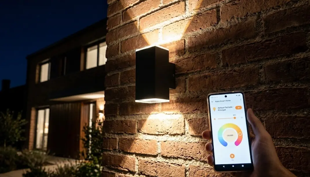 Primer plano de un aplique arquitectónico bidireccional moderno montado en una fachada de ladrillo, proyectando haces de luz cálida inteligente controlada por smartphone.