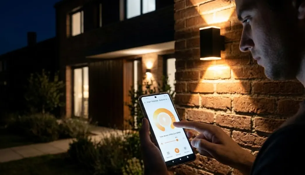 Persona sosteniendo un smartphone en la oscuridad frente a su casa, ajustando la temperatura de color de las luces de la fachada desde una aplicación domótica intuitiva.