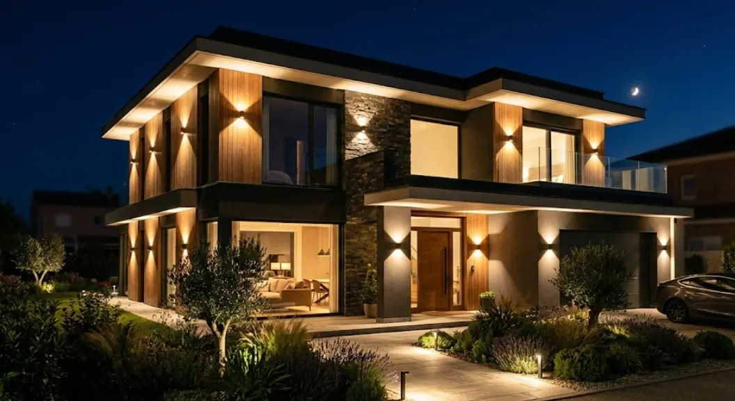 Fachada de una casa moderna bellamente iluminada de noche con apliques de pared inteligentes bidireccionales y focos LED cálidos integrados en el jardín.