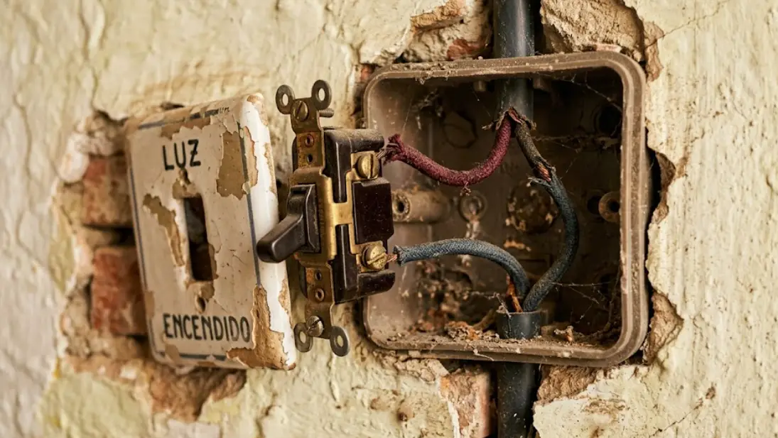 Caja de interruptor con cables fase y retorno, sin neutro, típica de casas antiguas españolas