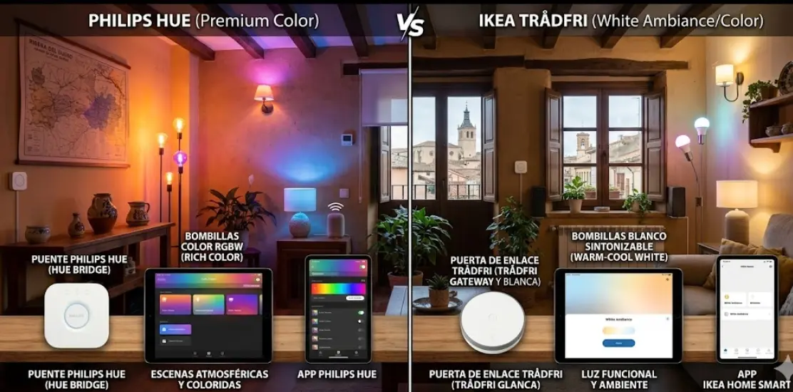 Comparativa visual entre bombillas inteligentes Philips Hue y el sistema Ikea TRÅDFRI con sus respectivos puentes de conexión en un entorno de salón domotizado.